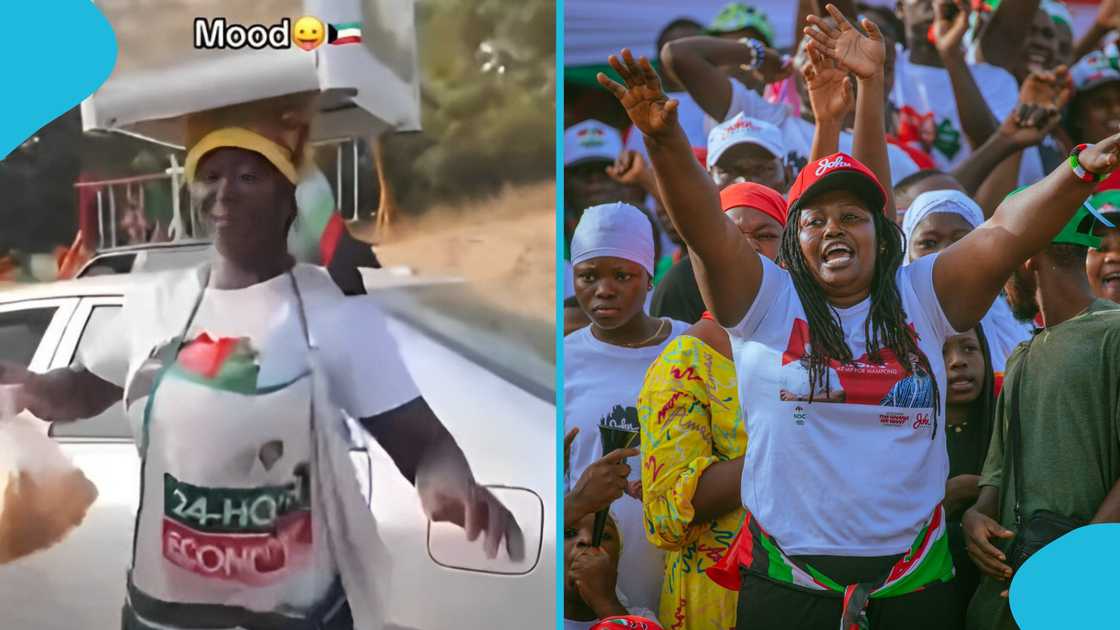 NDC woman, Ghana Politics, Election 2024, Ghanaian hawker, Election 2024, John Mahama, NPP, NDC shirt.