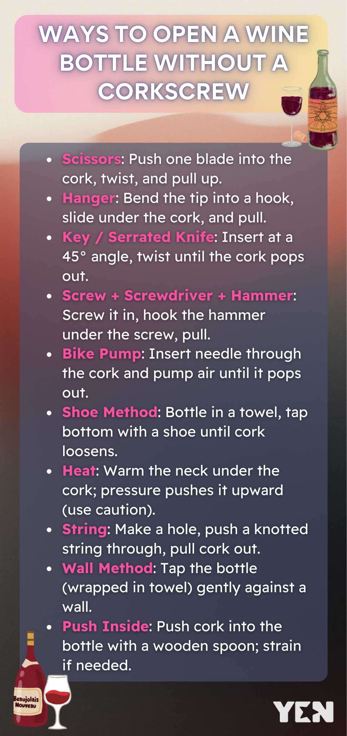 Ways to Open a Wine Bottle Without a Corkscrew Ways to Open a Wine Bottle Without a Corkscrew