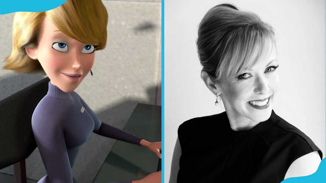 The Receptionist at Inventco (L) and her voice actress, Dara McGarry (R).