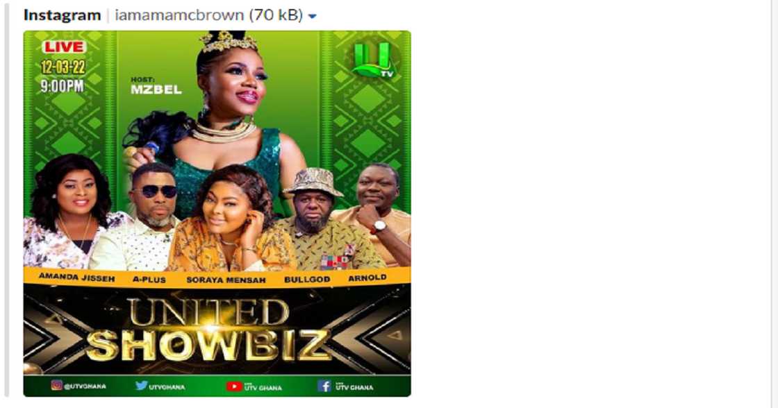 McBrown: Actress Promotes United Showbiz Programme On Instagram; Deletes Photo Amid Being Sacked Rumour McBrown: Actress Promotes United Showbiz Programme On Instagram; Deletes Photo Amid Being Sacked Rumour