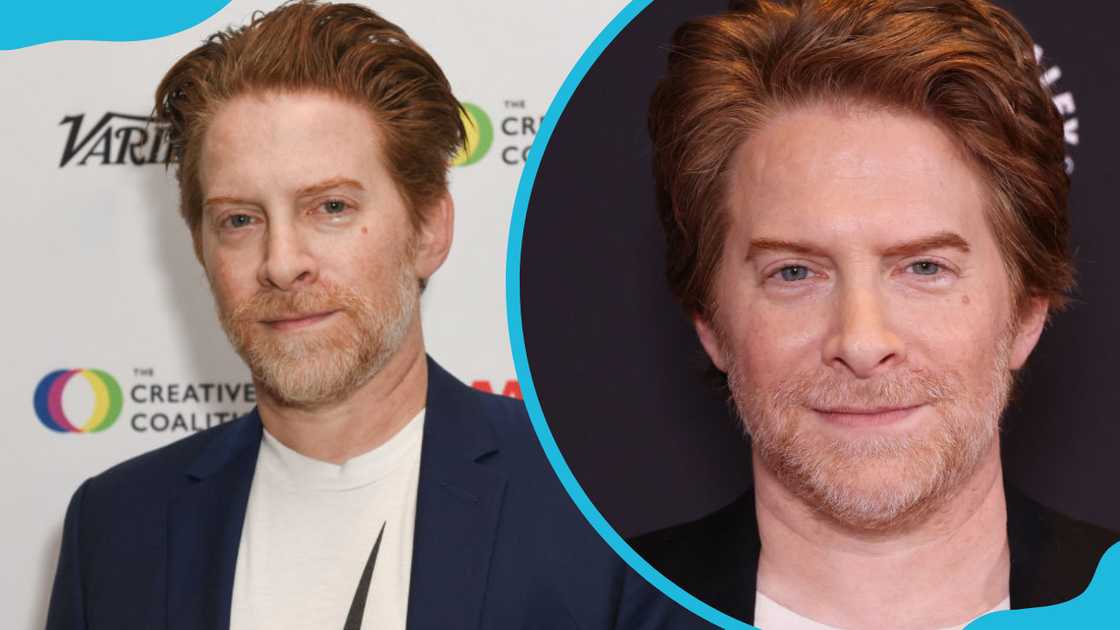 Seth Green in a white shirt and blue coat (L) and smiling for the camera (R)