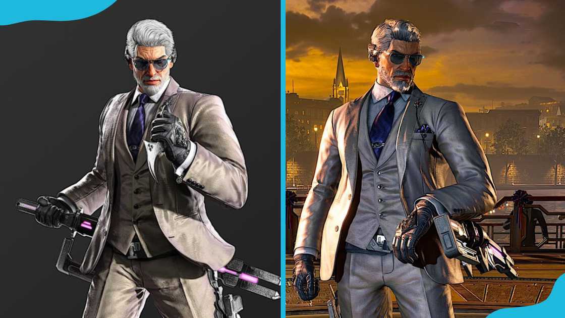 Victor Chevalier in a formal suit holding a weapon (L) and he stands with one hand in his pocket against a cityscape background (R) Victor Chevalier in a formal suit holding a weapon (L) and he stands with one hand in his pocket against a cityscape background (R)