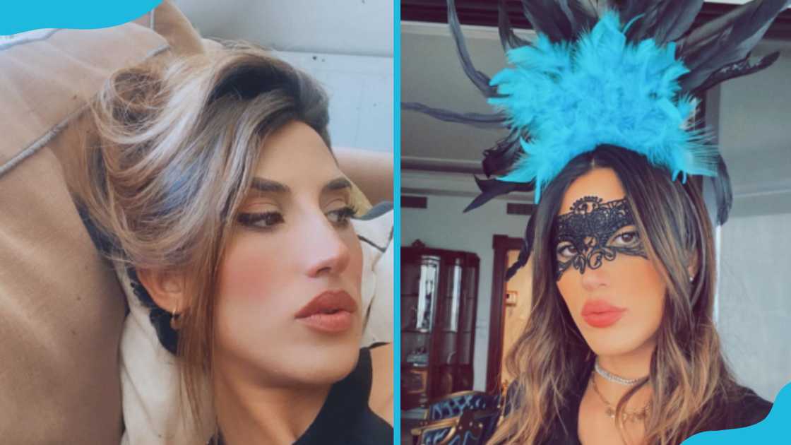 Rouba Saadeh lying on a couch and in a black mask Rouba Saadeh lying on a couch and in a black mask