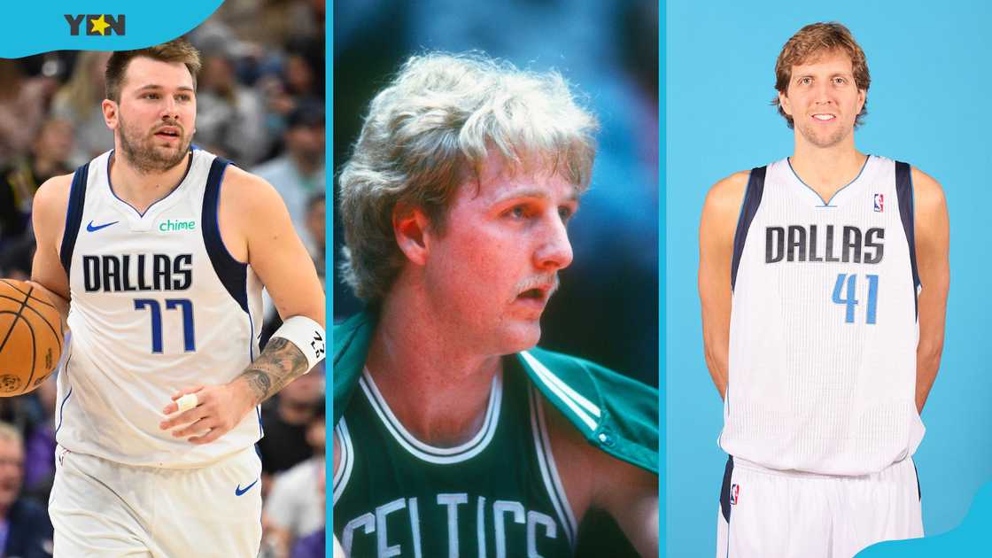 Most famous white basketball players; Luka Dončić, Larry Bird, and Dirk Nowitzki Most famous white basketball players; Luka Dončić, Larry Bird, and Dirk Nowitzki