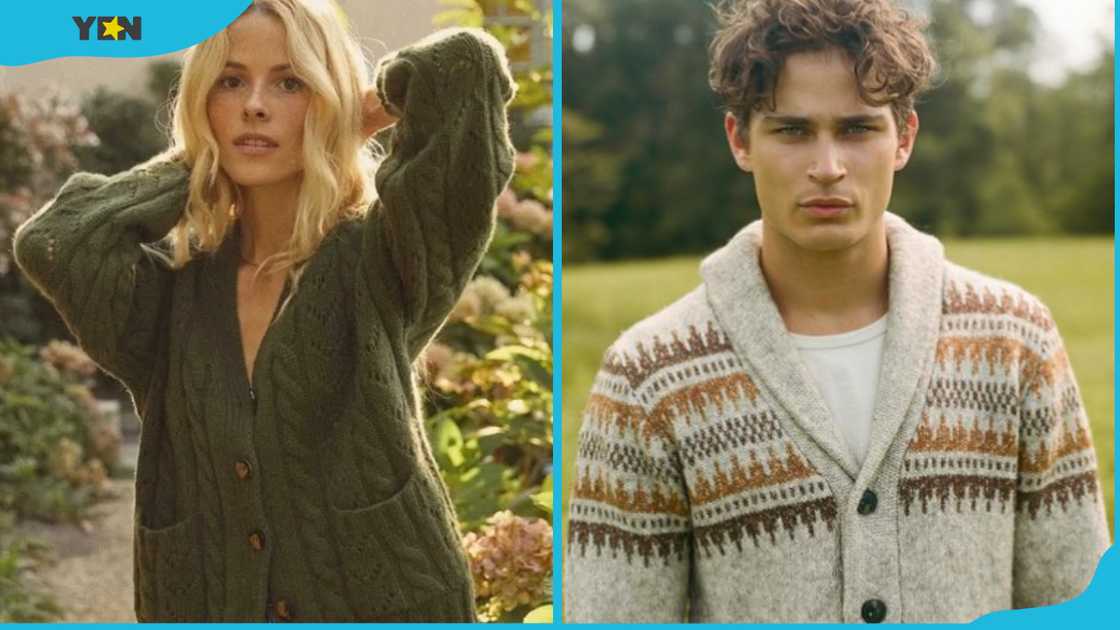 A woman and a man wearing cardigan sweaters A woman and a man wearing cardigan sweaters