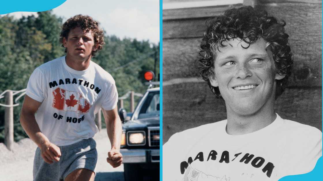Terry Fox during his 1980 run through Ontario (L) and Terry smiles during an interview (R) Terry Fox during his 1980 run through Ontario (L) and Terry smiles during an interview (R)