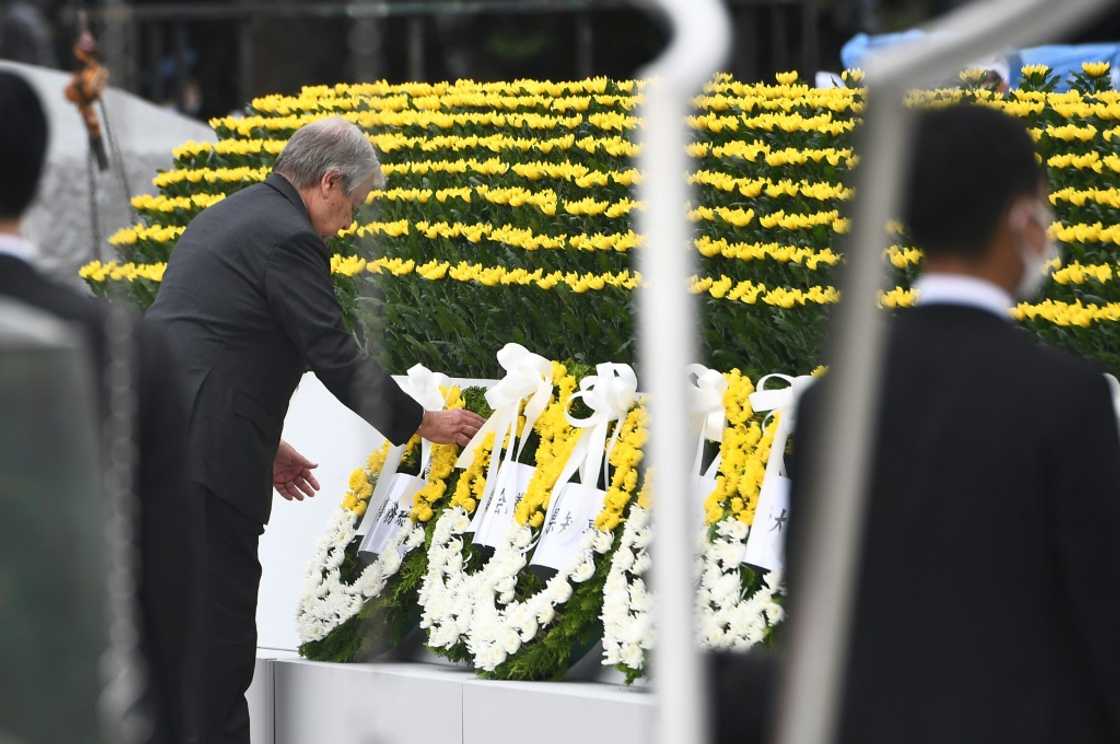 UN Secretary-General Antonio Guterres lays a wreath during the annual memorial ceremony in Hiroshima on August 6, 2022 UN Secretary-General Antonio Guterres lays a wreath during the annual memorial ceremony in Hiroshima on August 6, 2022
