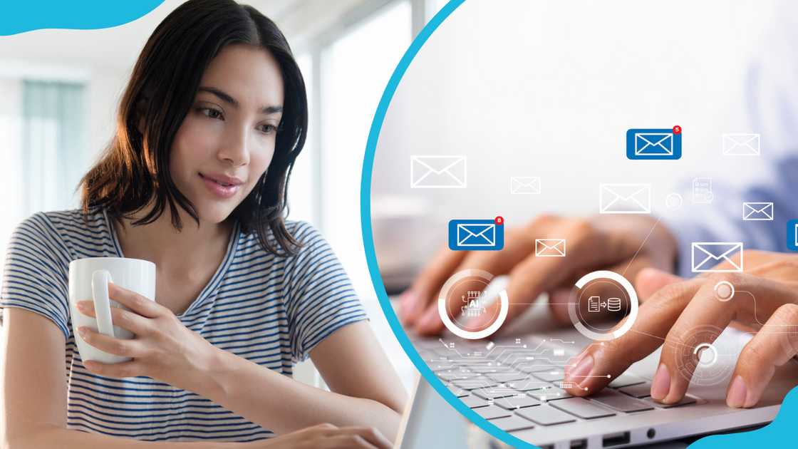 A woman using a laptop at a desk (L), a businessman typing on a laptop (R) A woman using a laptop at a desk (L), a businessman typing on a laptop (R)