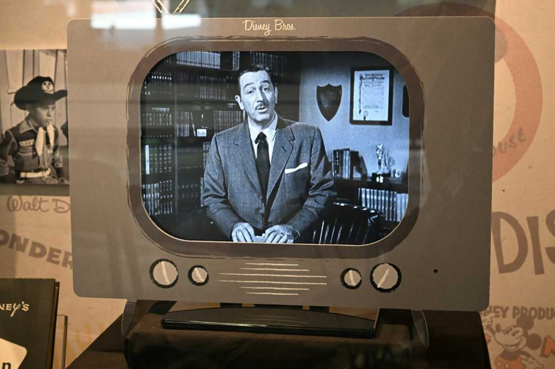 Walt Disney is seen on a mock up of a television during a media tour of the Walt Disney Archives in Burbank, California Walt Disney is seen on a mock up of a television during a media tour of the Walt Disney Archives in Burbank, California