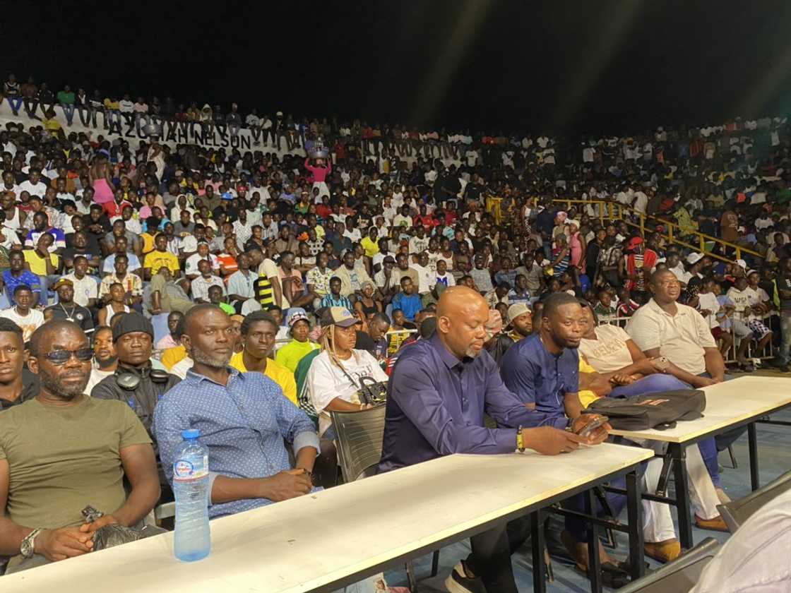 Fans watch on from the stands at the Bukom Boxing Arena during a Ghana Professional Boxing League match in December 2023 Fans watch on from the stands at the Bukom Boxing Arena during a Ghana Professional Boxing League match in December 2023