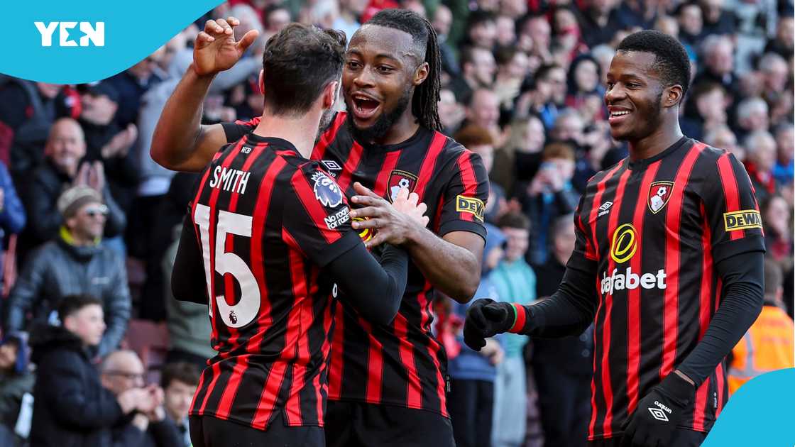 Adam Smith of Bournemouth is congratulated by teammates Antoine Semenyo and Dango Ouattara after Bournemouth took 2-1 lead vs Everton on March 30, 2024 Adam Smith of Bournemouth is congratulated by teammates Antoine Semenyo and Dango Ouattara after Bournemouth took 2-1 lead vs Everton on March 30, 2024