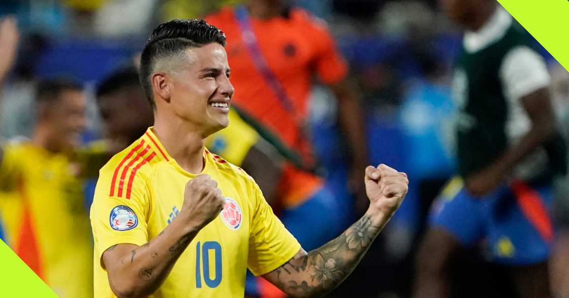James Rodriguez celebrates a goal for Colombia. James Rodriguez celebrates a goal for Colombia.