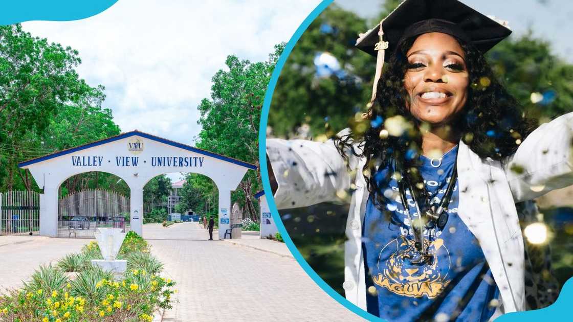 Valley View University school gate and a happy graduate