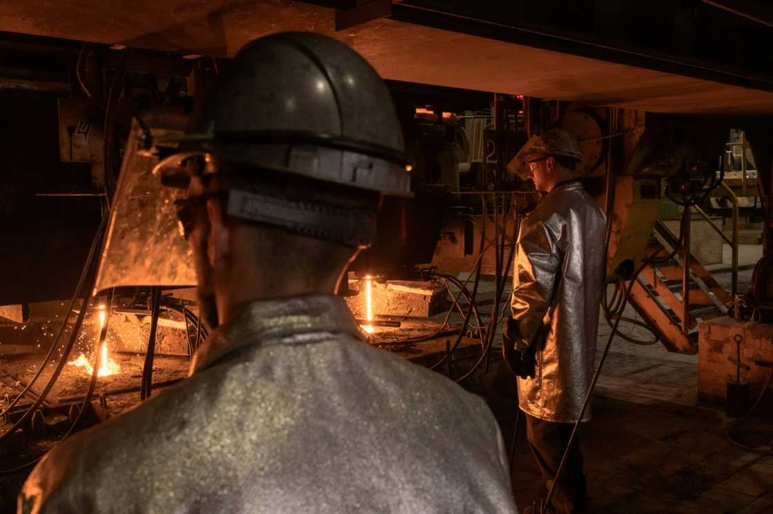 An employee wearing a protective gear at the ArcelorMittal steel plant, in Kryvyi Rig