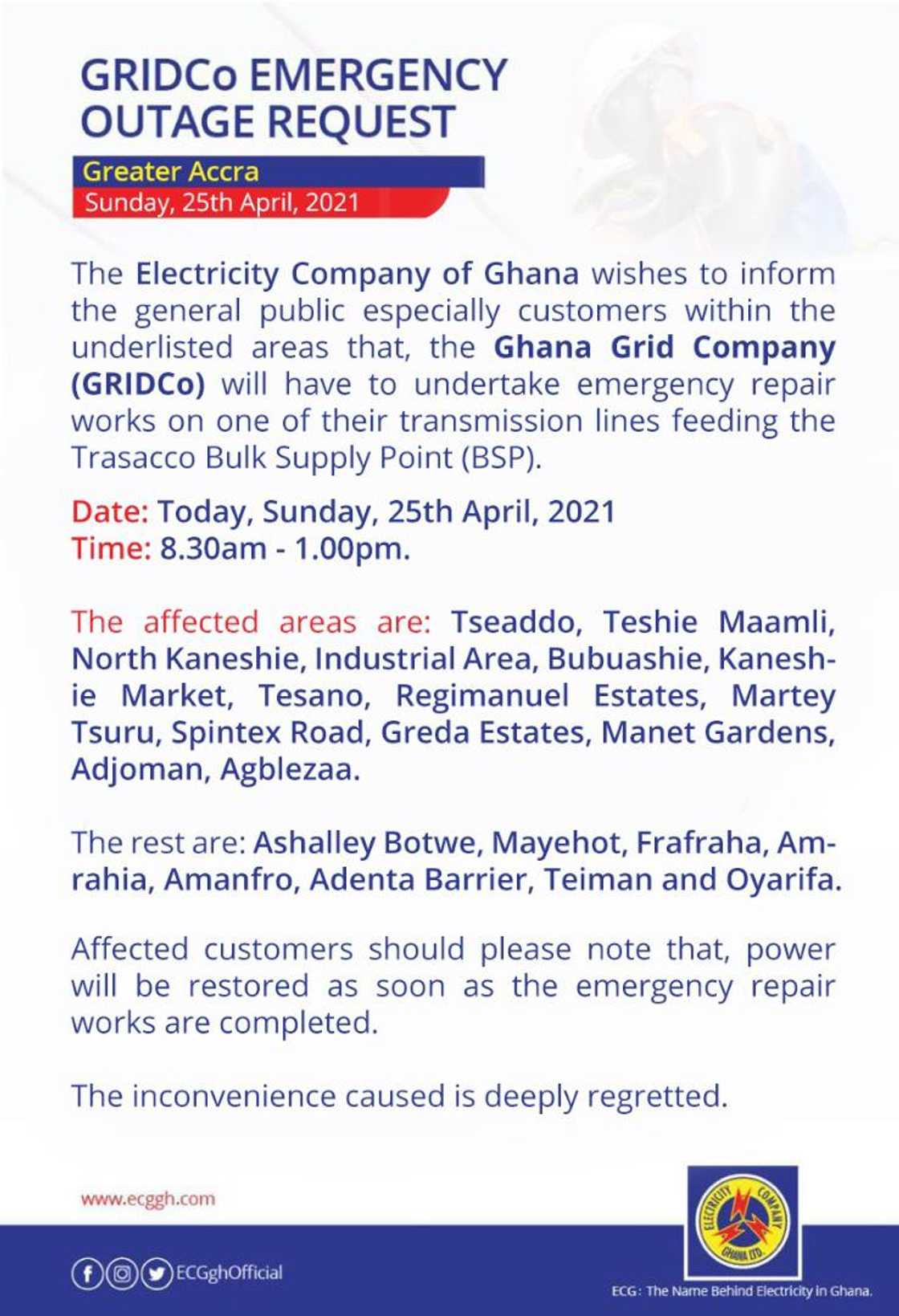 GRIDCO announces planned outages, lists affected residential arears in Accra