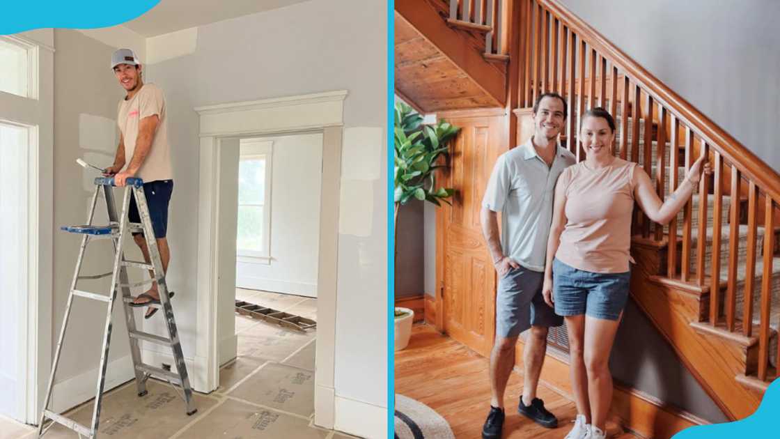 Michael on a ladder (L) and with his wife Michael on a ladder (L) and with his wife