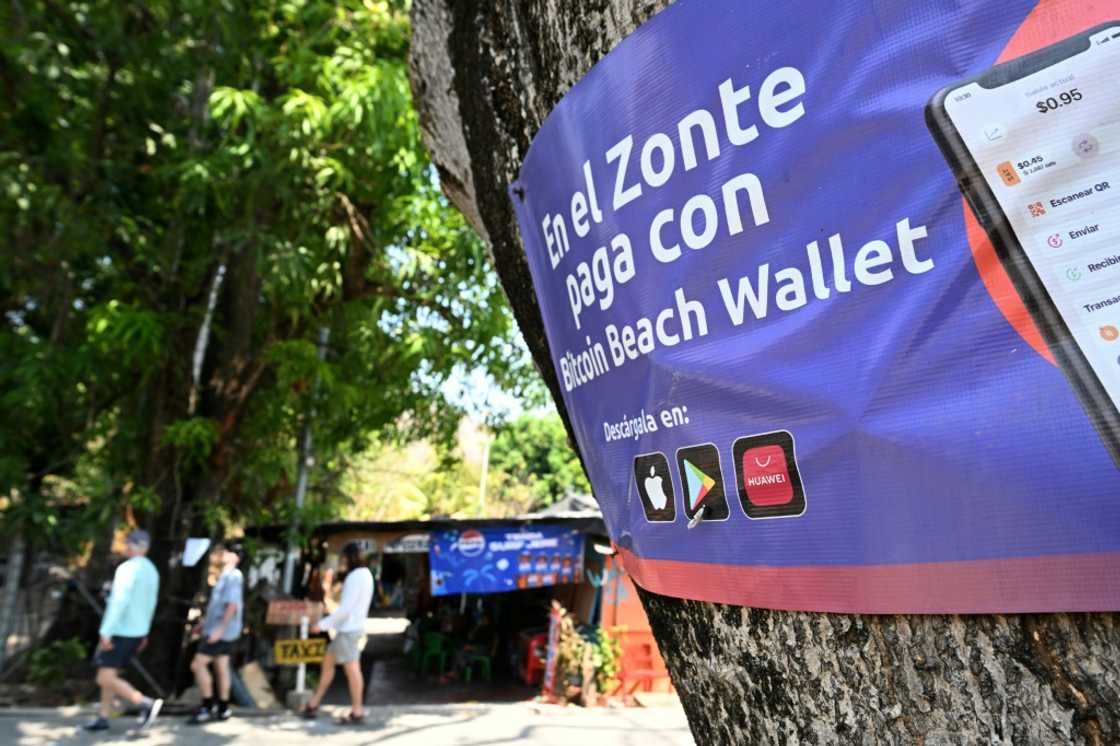 A sign promoting bitcoin transactions is seen in the beach town of El Zonte in El Salvador A sign promoting bitcoin transactions is seen in the beach town of El Zonte in El Salvador