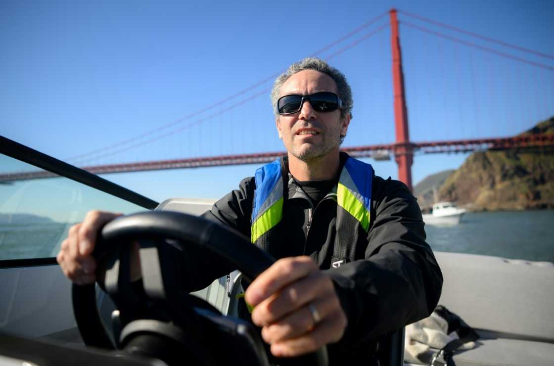 French sailor Tanguy de Lamotte pilots Candela US's "flying" electric C-8 boat in San Francisco Bay French sailor Tanguy de Lamotte pilots Candela US's "flying" electric C-8 boat in San Francisco Bay