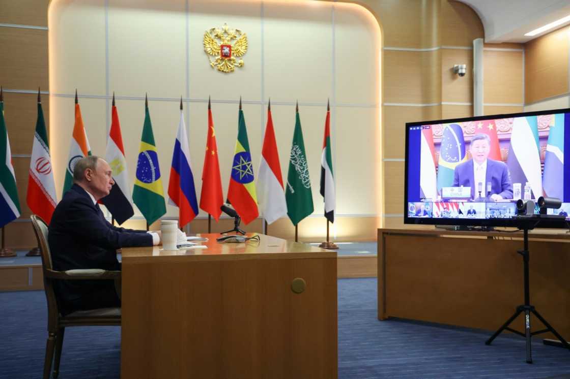 Russian President Vladimir Putin attends an extraordinary virtual summit of the BRICS group of nations