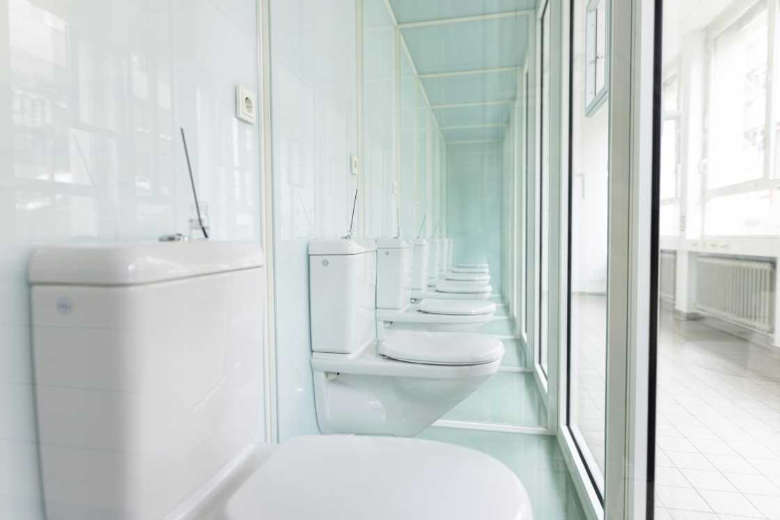 Toilets for testing perfume oil formulas are pictured at a test facility at Symrise