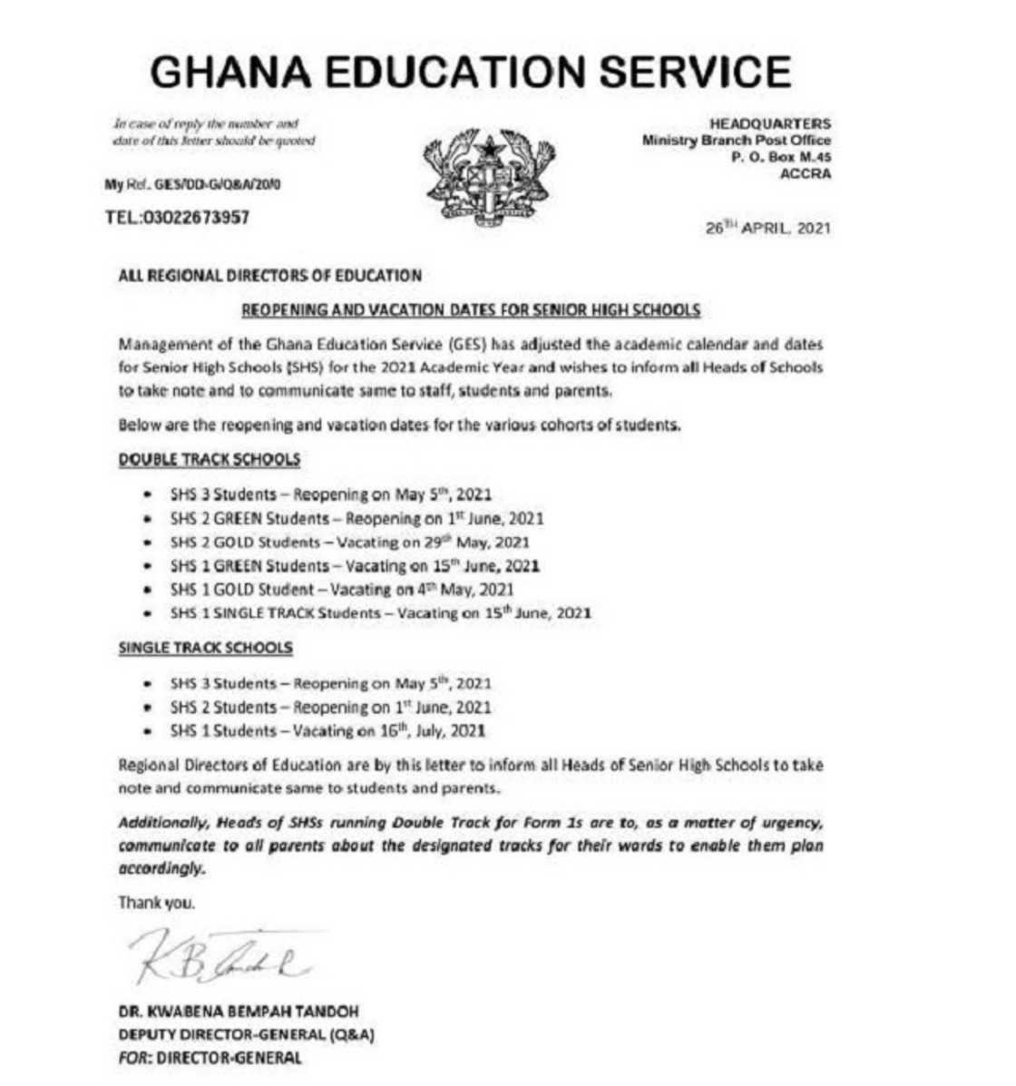 Ghana Education Service releases revised academic calendar for all SHS Ghana Education Service releases revised academic calendar for all SHS