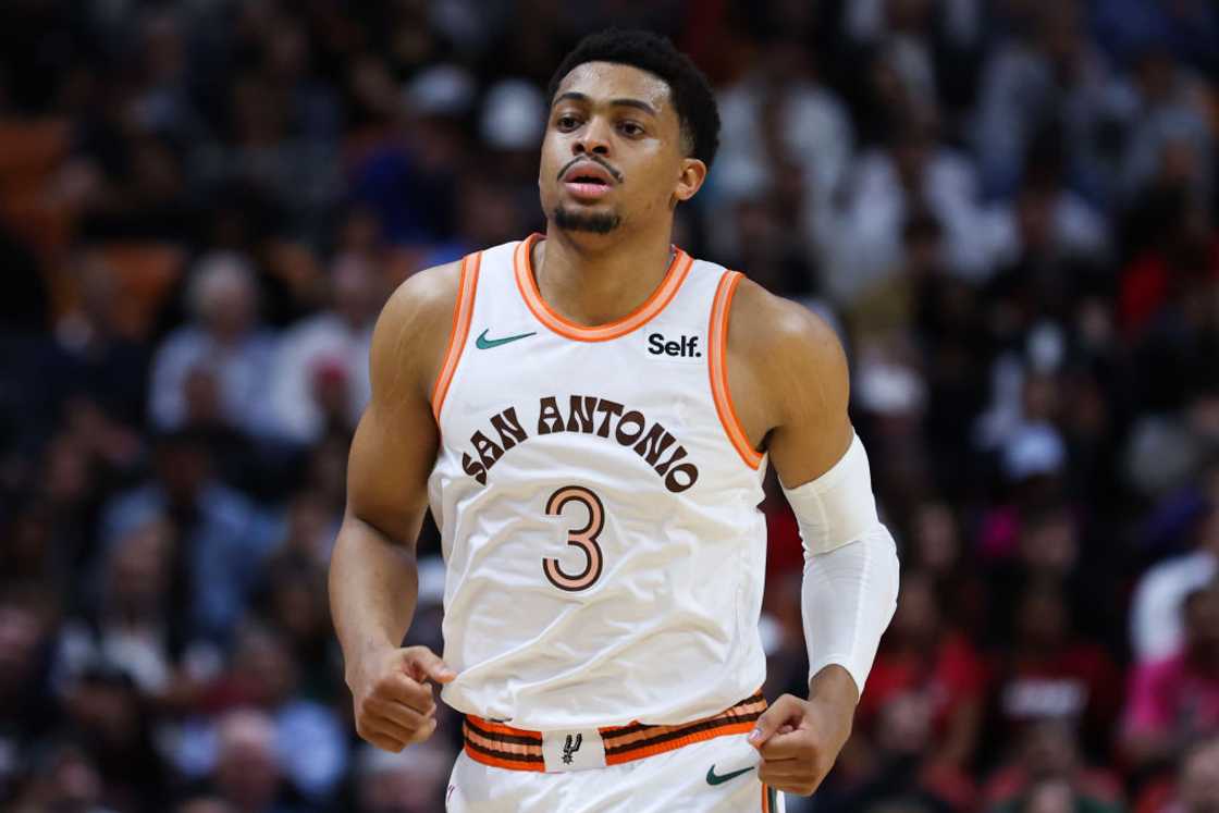 Keldon Johnson while playing against the Miami Heat at Kaseya Center. Keldon Johnson while playing against the Miami Heat at Kaseya Center.