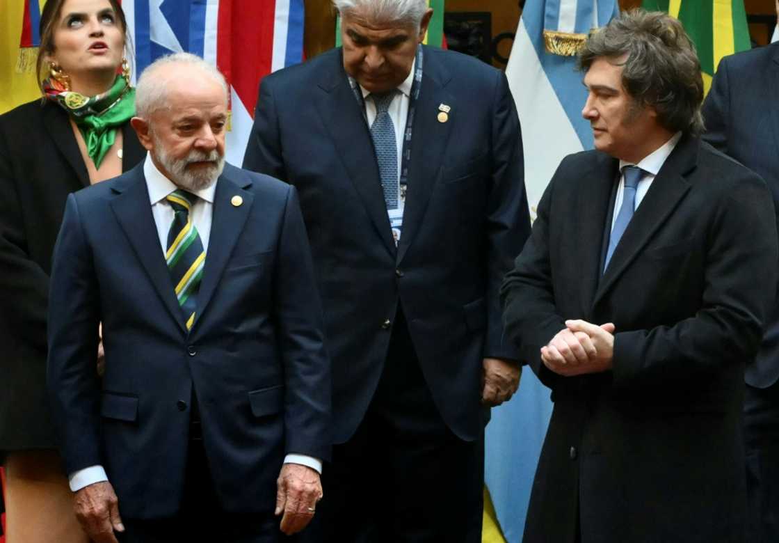 Brazil's President Luiz Inacio Lula da Silva and Argentina's President Javier Milei pose for a photo at a Mercosur summit in Buenos Aires