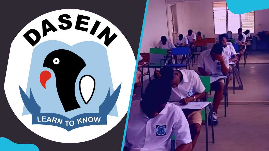 The logo of Dasein Practical School alongside students in a classroom. The logo of Dasein Practical School alongside students in a classroom.
