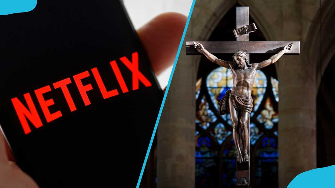 The Netflix logo on a phone screen (L). Statue of Jesus Christ on a Cross enlightened by sunlight in Saint Étienne du Mont Basilica, Paris (R). The Netflix logo on a phone screen (L). Statue of Jesus Christ on a Cross enlightened by sunlight in Saint Étienne du Mont Basilica, Paris (R).