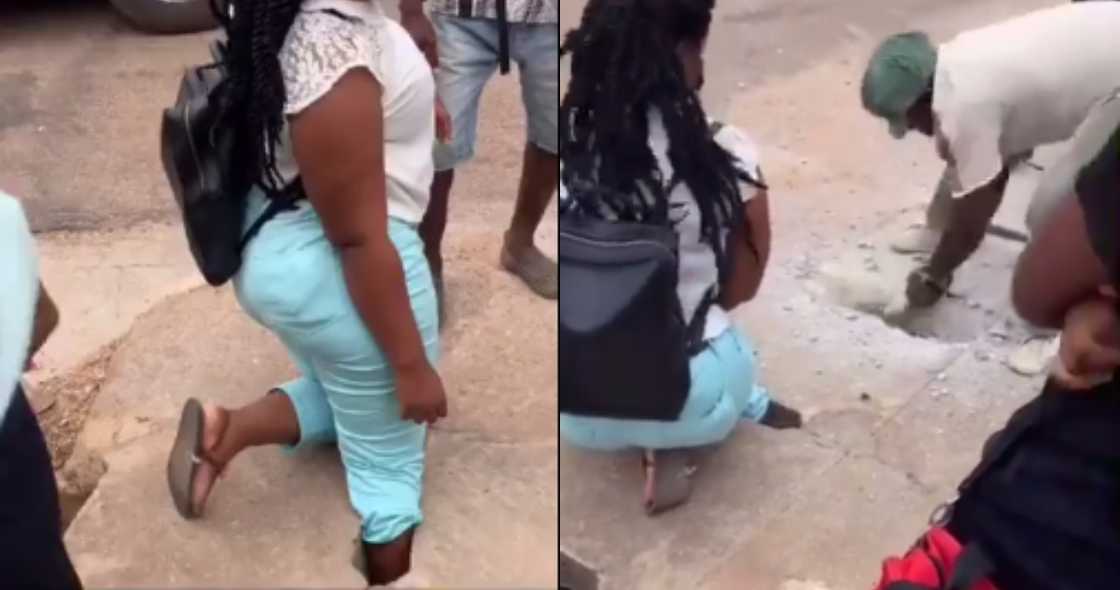 Internet reacts as lady's leg gets stuck in Needle-Sized Gutter hole Internet reacts as lady's leg gets stuck in Needle-Sized Gutter hole