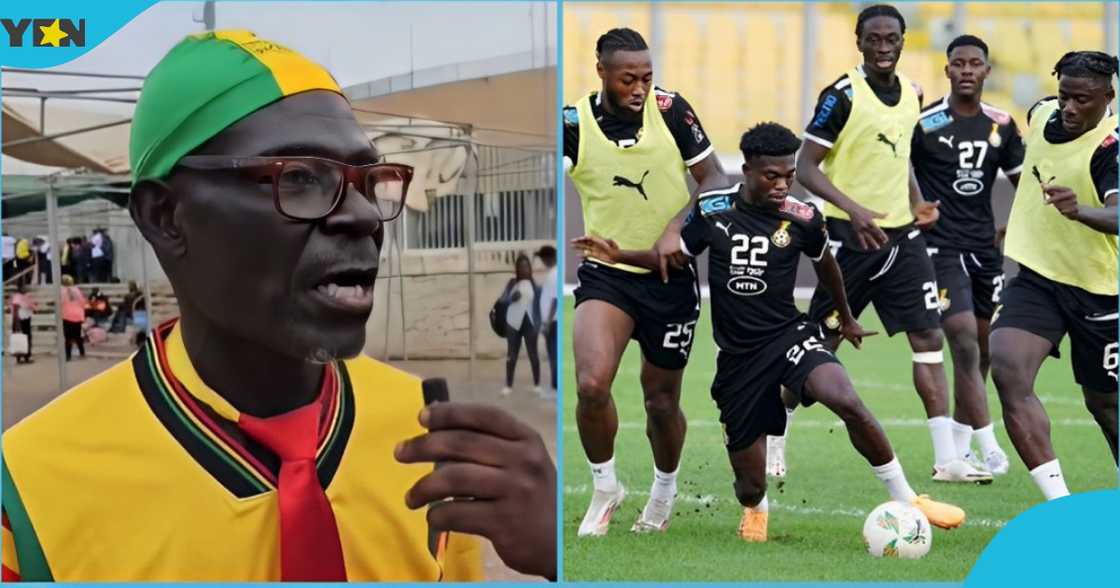Photo of a Ghanaian fan speaking as the Black Stars players train for a game. Photo of a Ghanaian fan speaking as the Black Stars players train for a game.