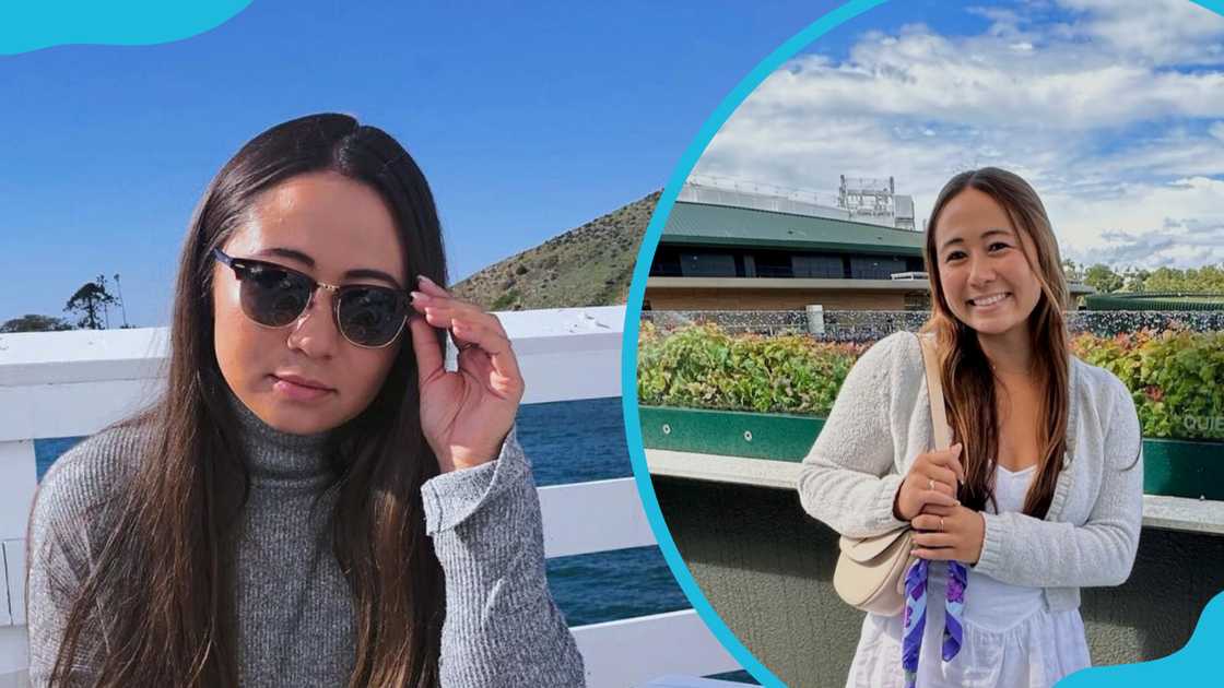 Juju R. Chan Julianna sits next to a water body (L). Chan poses next to the flower plantation (R)