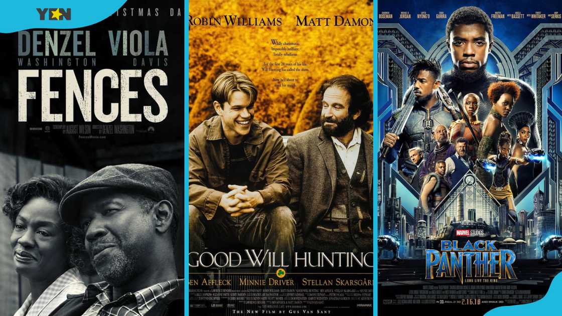 Fences, Goodwill Hunting, and Black Panther movie posters.