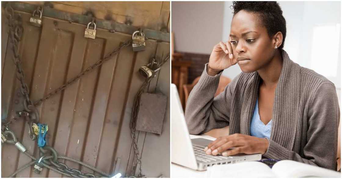 Photo of lady staring at laptop and picture of a shop