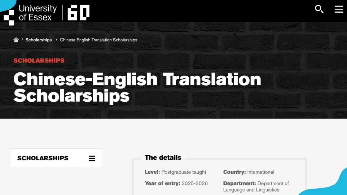 The University of Essex Chinese-English Translation Scholarships webpage. The University of Essex Chinese-English Translation Scholarships webpage.
