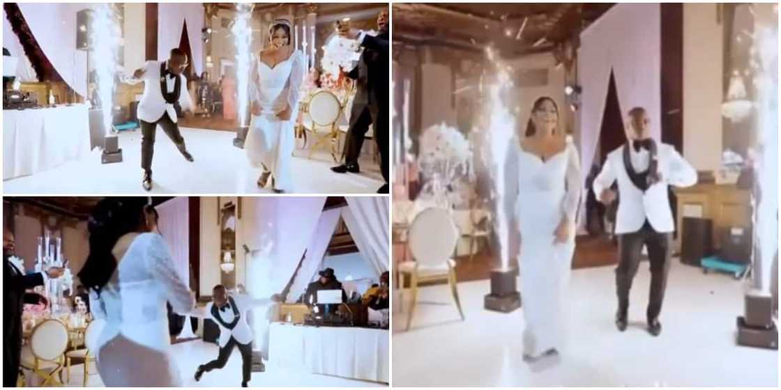 Nigerians react as groom 'embarrasses' his bride with fast grinding dance moves at their wedding in video Nigerians react as groom 'embarrasses' his bride with fast grinding dance moves at their wedding in video