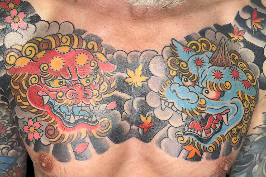 Colourful foo dog (Karashishi) chest tattoo Colourful foo dog (Karashishi) chest tattoo