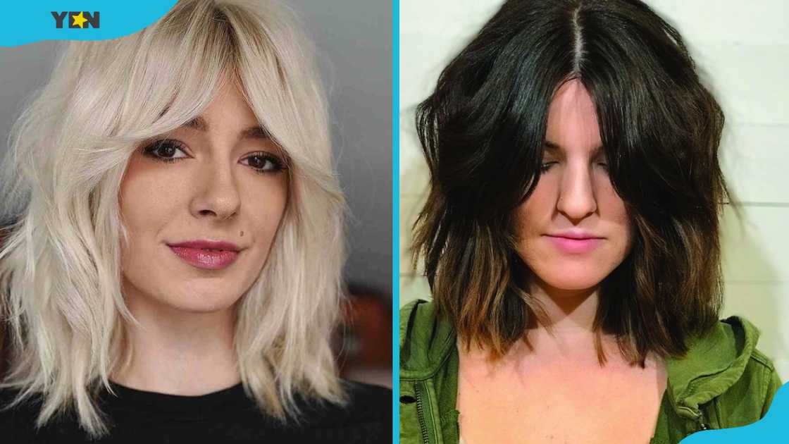 Blonde butterfly haircut with curtain bangs (L). Dark brown butterfly haircut with highlights (R) Blonde butterfly haircut with curtain bangs (L). Dark brown butterfly haircut with highlights (R)