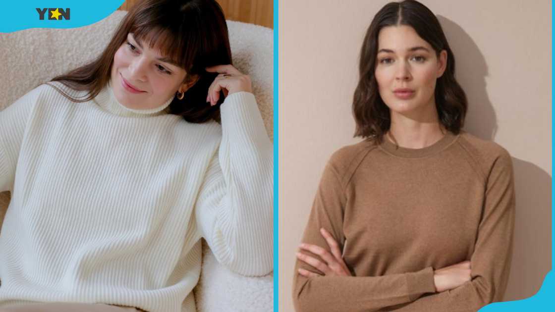 Two women wearing beautiful Merino sweaters. Two women wearing beautiful Merino sweaters.