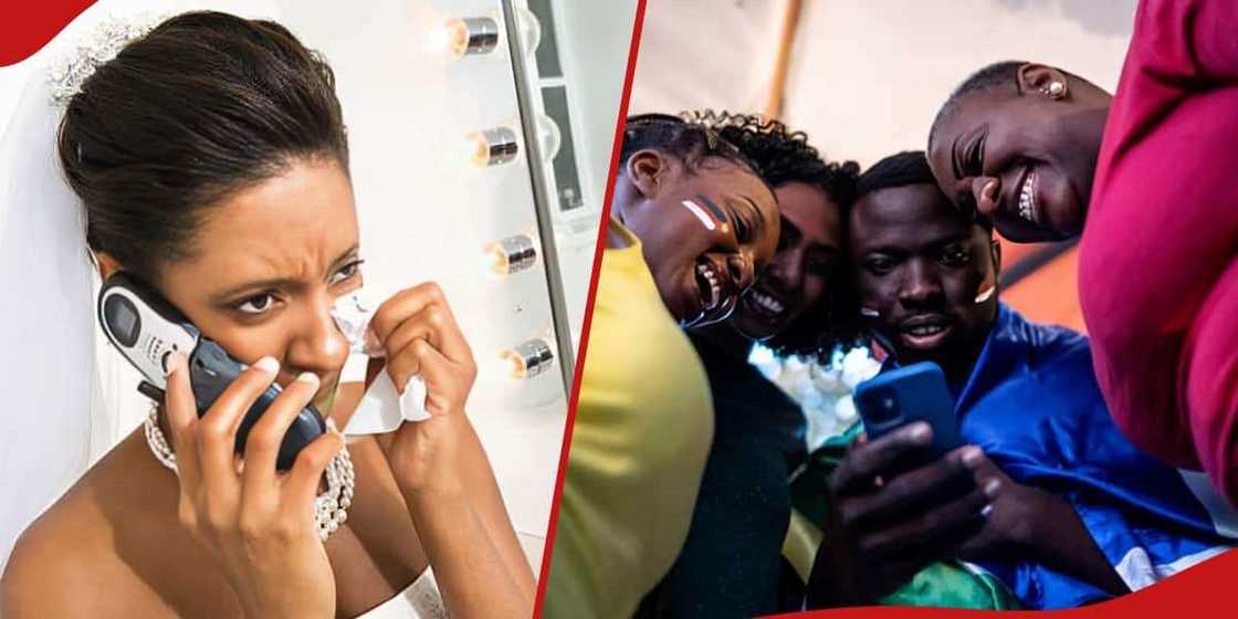 Left: Frustrated bride makes phone call. Right: Man stares at phone surrounded by friends. Left: Frustrated bride makes phone call. Right: Man stares at phone surrounded by friends.