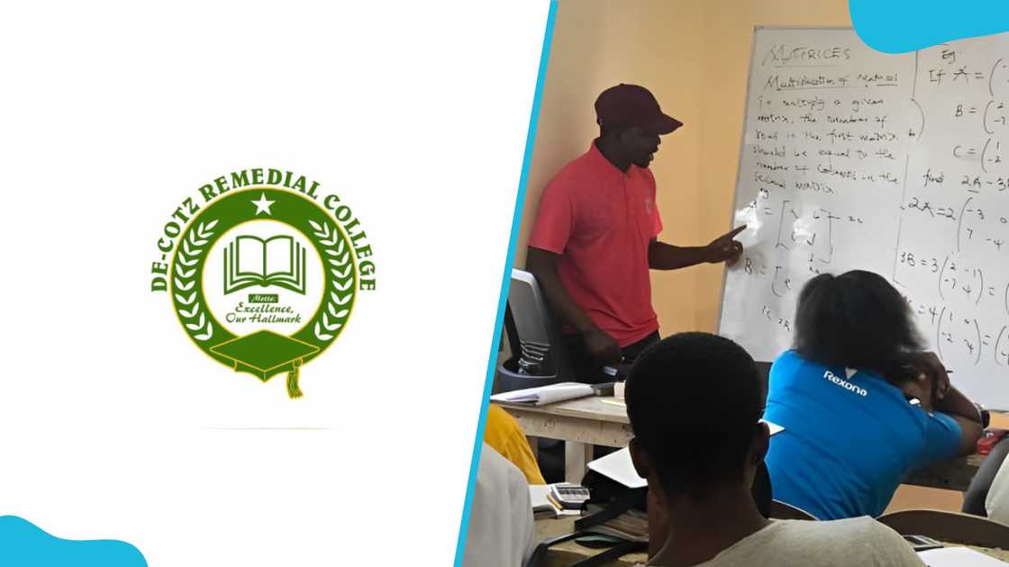 The logo of De-Cotz Remedial College beside a classroom session where a teacher is guiding students.