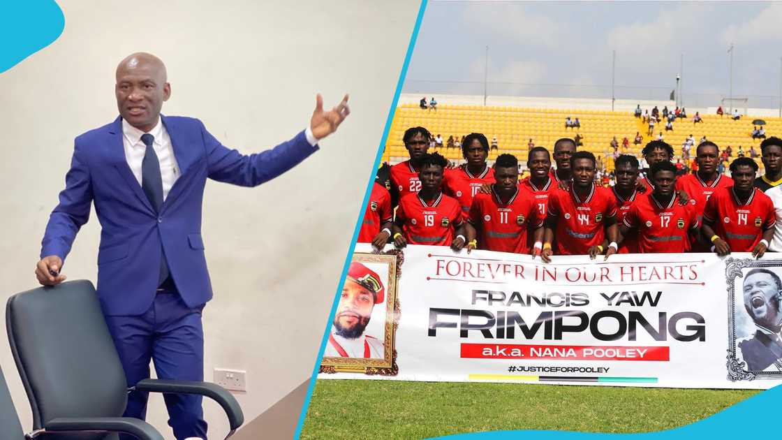 Asante Kotoko coach Prosper Narteh Ogum has explained how he used psychology to help his players overcome Nana Pooley’s death. Photo credit: @Asanteforkuo and @AsanteKotoko_SC/X. Asante Kotoko coach Prosper Narteh Ogum has explained how he used psychology to help his players overcome Nana Pooley’s death. Photo credit: @Asanteforkuo and @AsanteKotoko_SC/X.