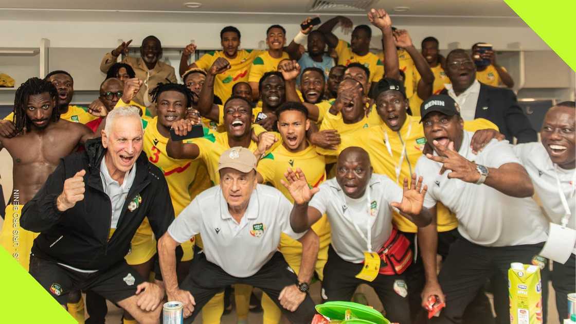 Gernot Rohr, Junior Olaitan, Aiyegun Tosin, Mohamed Tijani, Tripoli, Libya, Benin Republic. Gernot Rohr, Junior Olaitan, Aiyegun Tosin, Mohamed Tijani, Tripoli, Libya, Benin Republic.