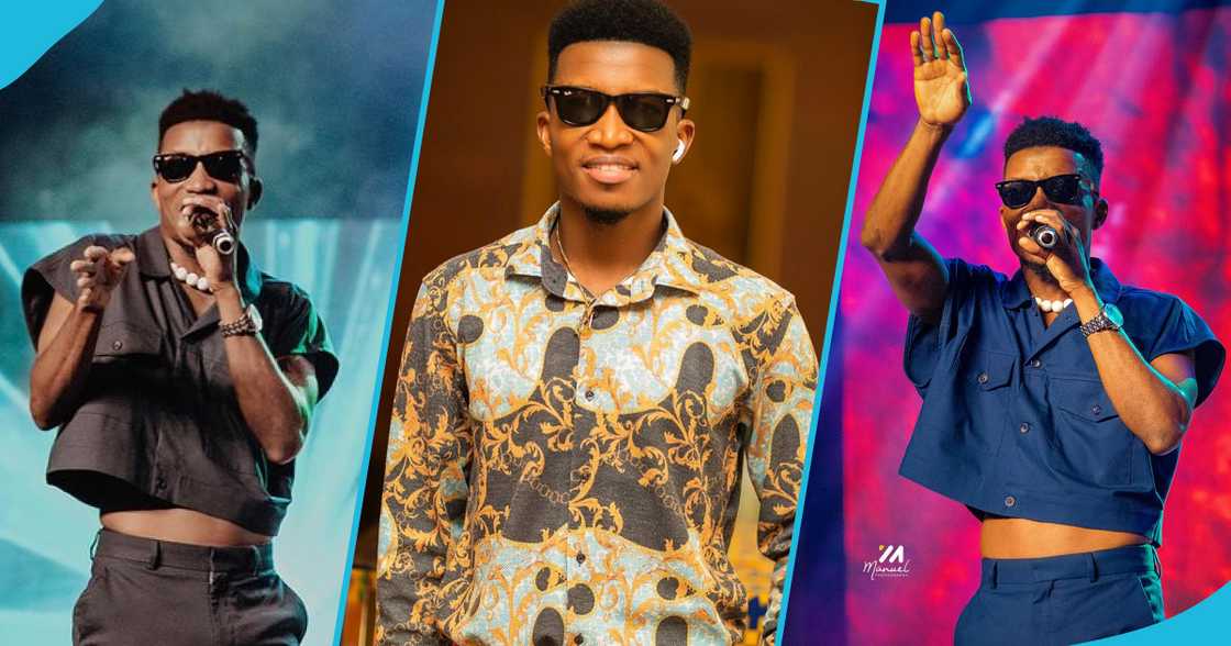 Kofi Kinaata in a cropped shirt at an event