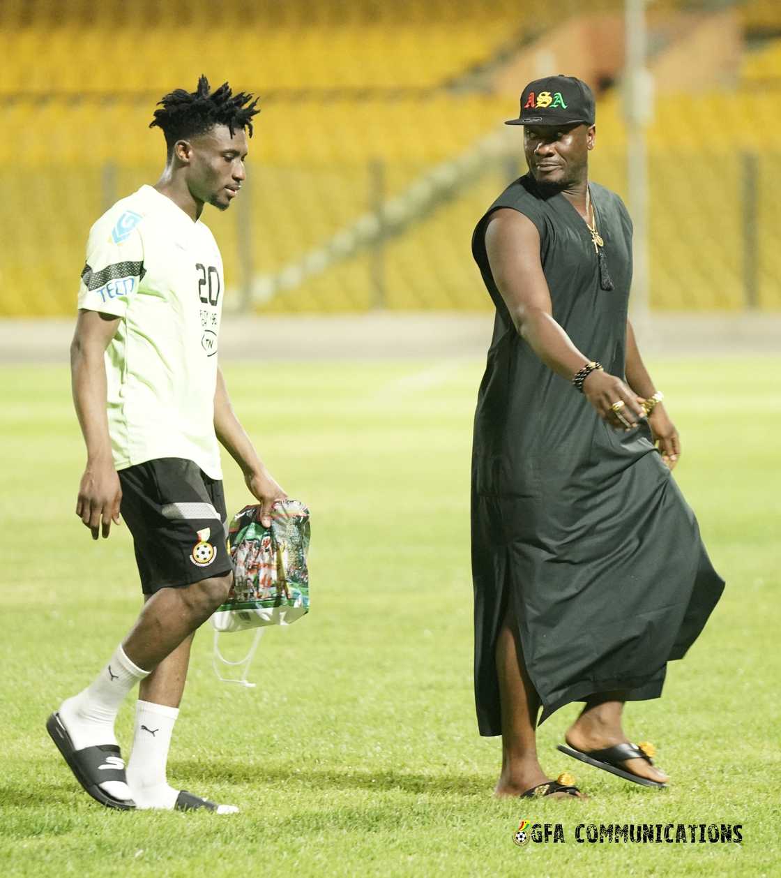 Asamoah Gyan in talks with Mohammed Kudus during Ghana Black Stars training ahead of the Ghana vs Chad World Cup qualifier on March 21 Asamoah Gyan in talks with Mohammed Kudus during Ghana Black Stars training ahead of the Ghana vs Chad World Cup qualifier on March 21