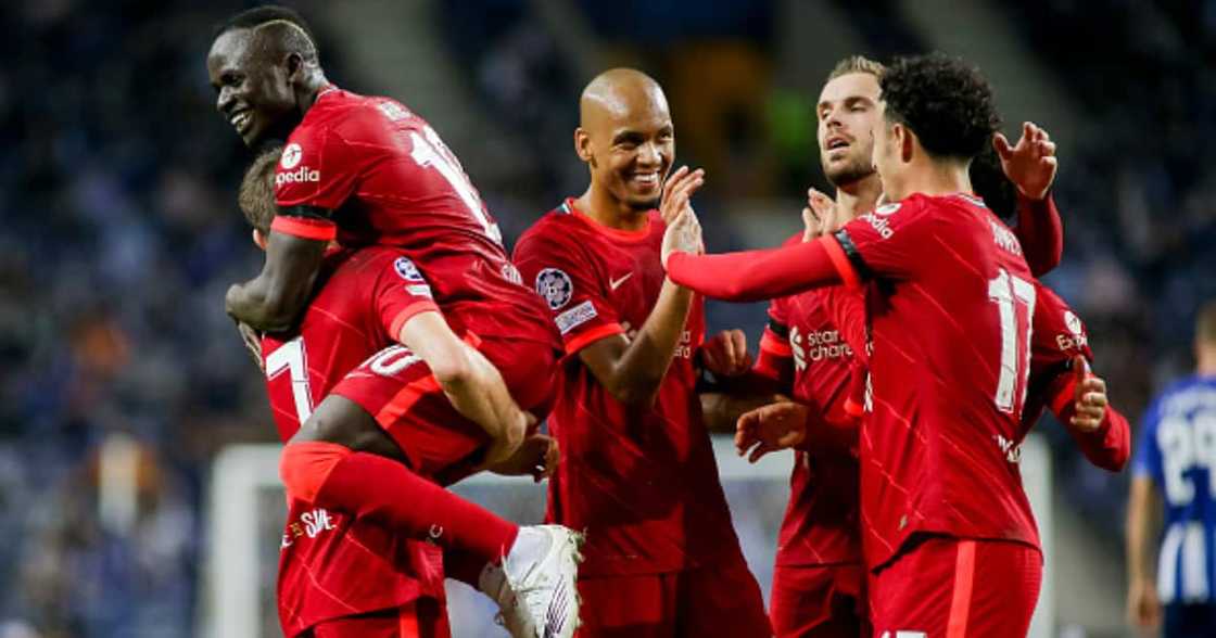 Sadio Mane celebrates after scoring Liverpool's second goal with teammates during the UEFA Champions League group B against FC Porto. (Photo by Diogo Cardoso/DeFodi Images via Getty Images)