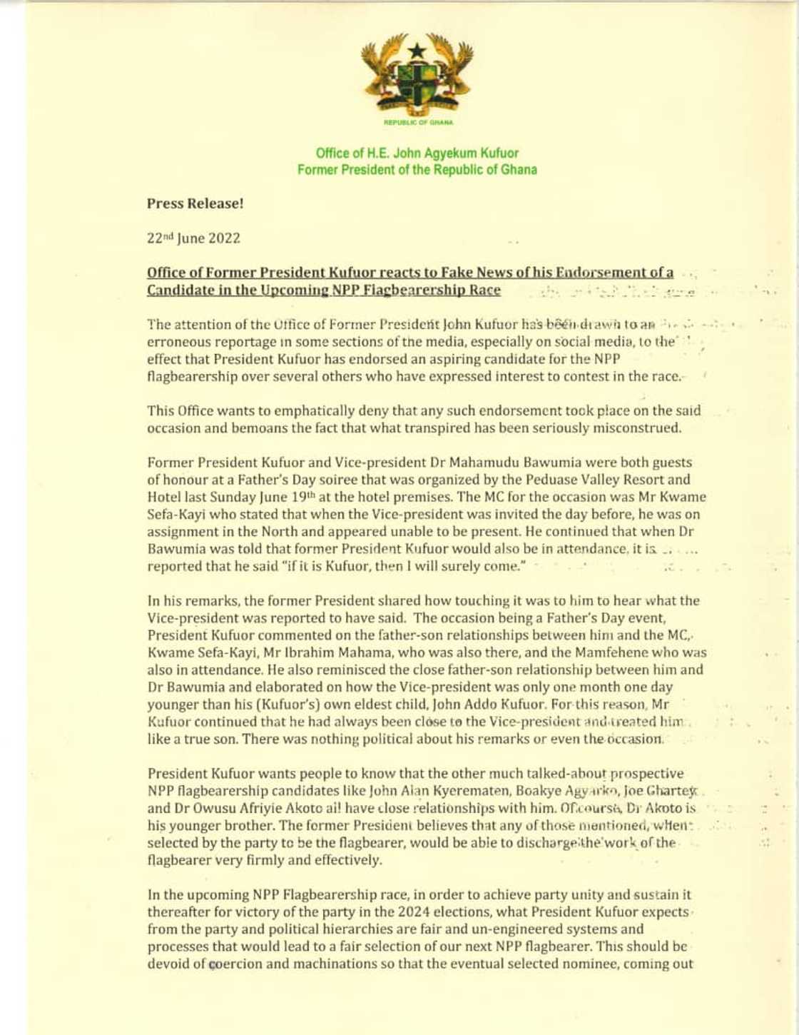 Kufuor clarifies kinds to Dr Bawumia Kufuor clarifies kinds to Dr Bawumia