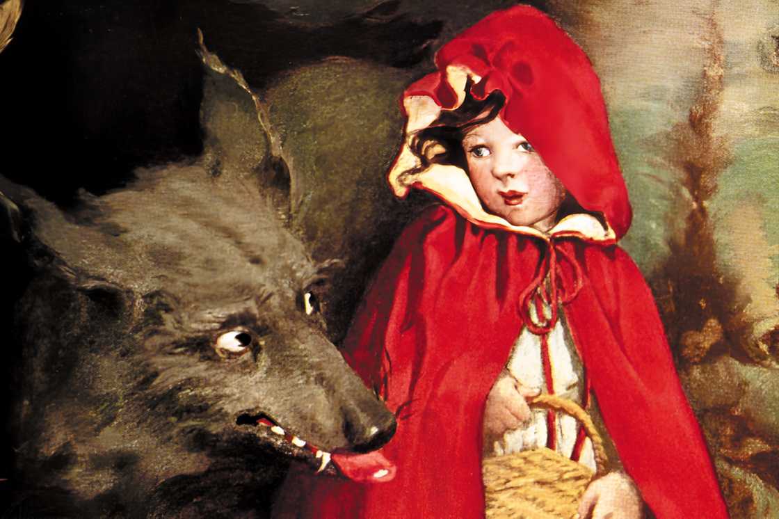The image depicts Little Red Riding Hood and a wolf The image depicts Little Red Riding Hood and a wolf