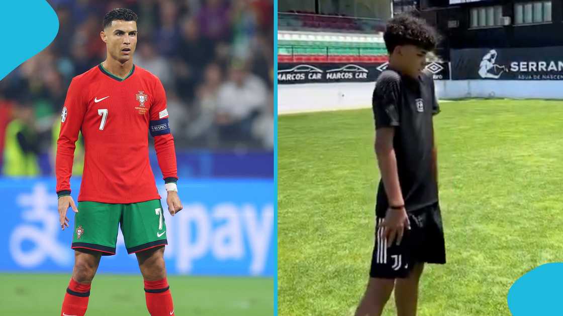 Cristiano Ronaldo Junior imitated his father's signature move as he expertly scored from a free-kick. Cristiano Ronaldo Junior imitated his father's signature move as he expertly scored from a free-kick.