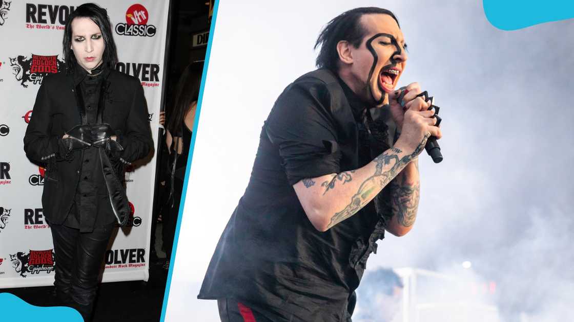 Marilyn Manson (L) arrives at the 2nd Annual Revolver Golden Gods Awards. Manson (R) performs during the Twins Of Evil